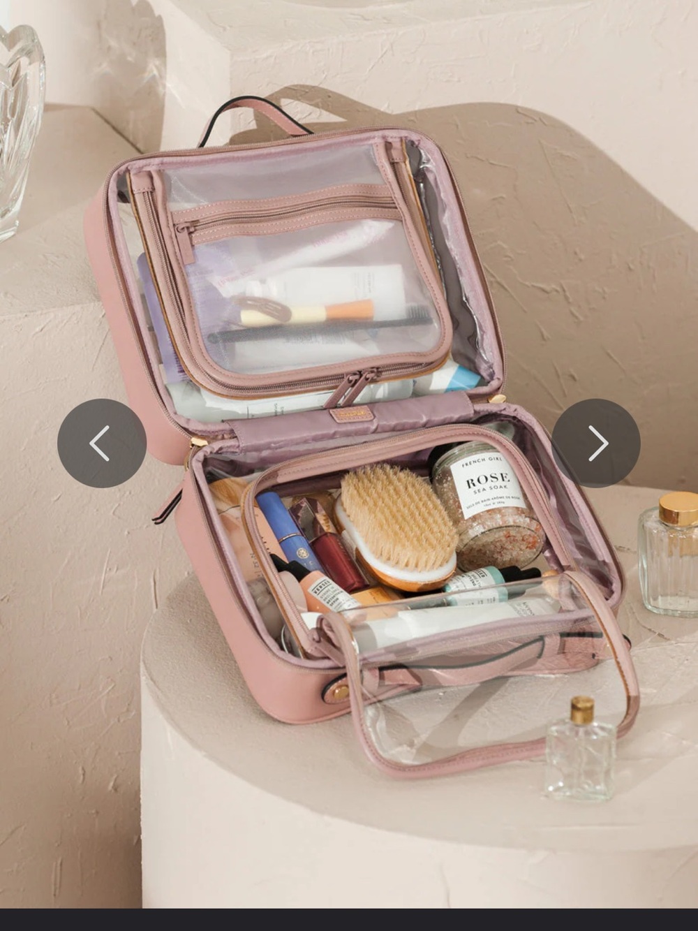 Calpak Clear Cosmetic Case with Mauve Pink Trim and Handles - Picture 6 of 7